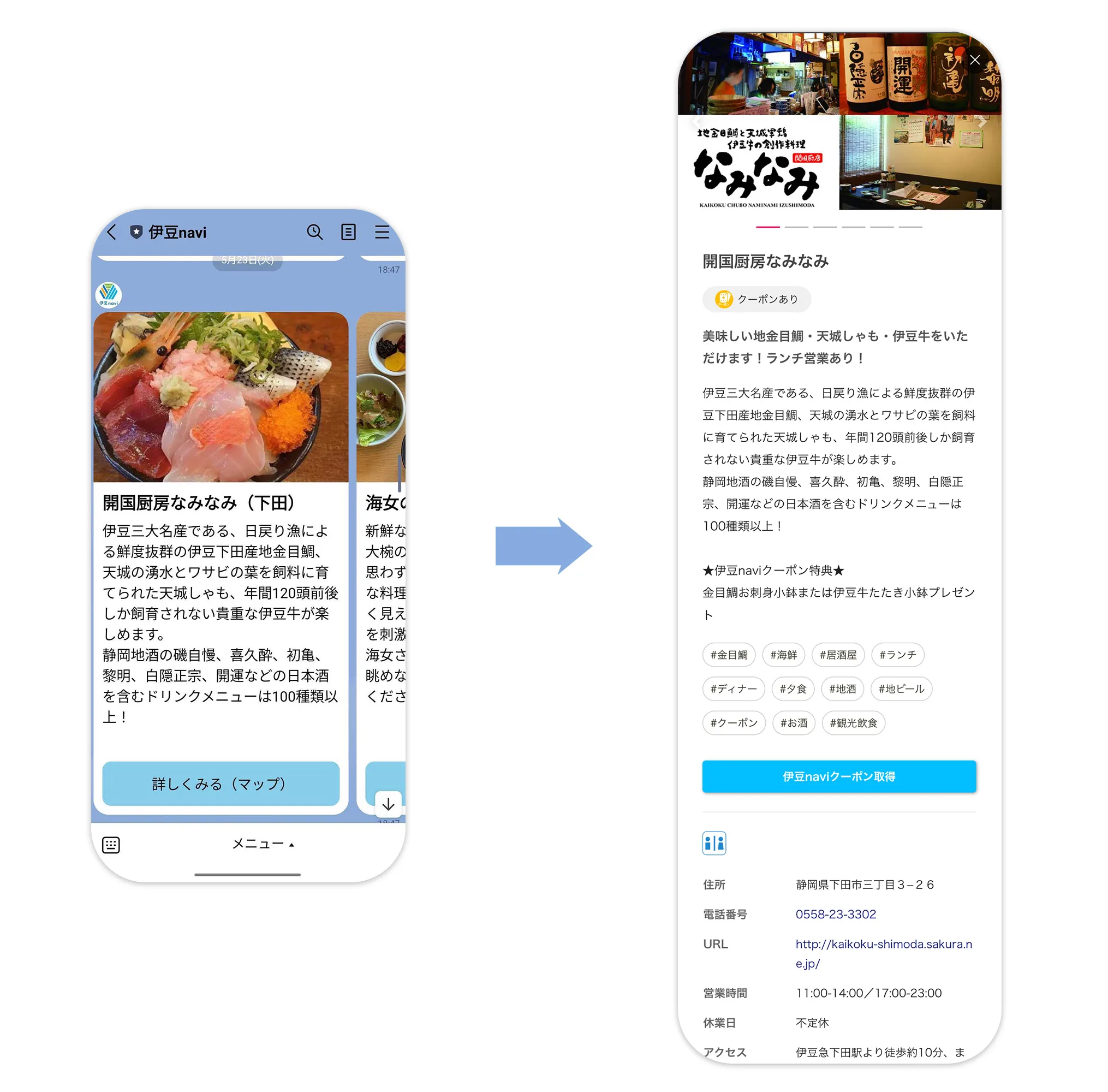 LINEでのカード画面と、プラチナマップでの表示画面